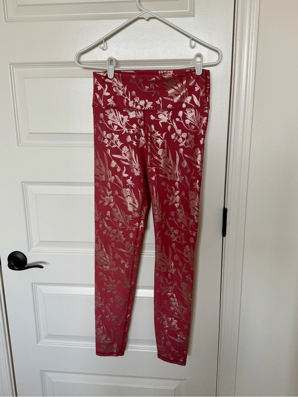 Fabletics Rose Red Leggings with Metallic Floral Foil